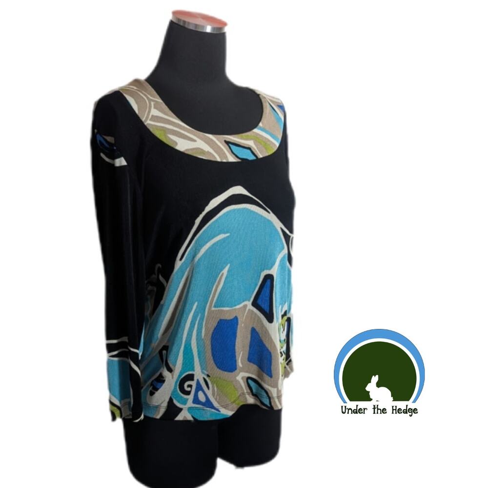 Vtg Chicos Travelers Black Turquoise Slinky Scoop Neck Top - Size 1 Medium
